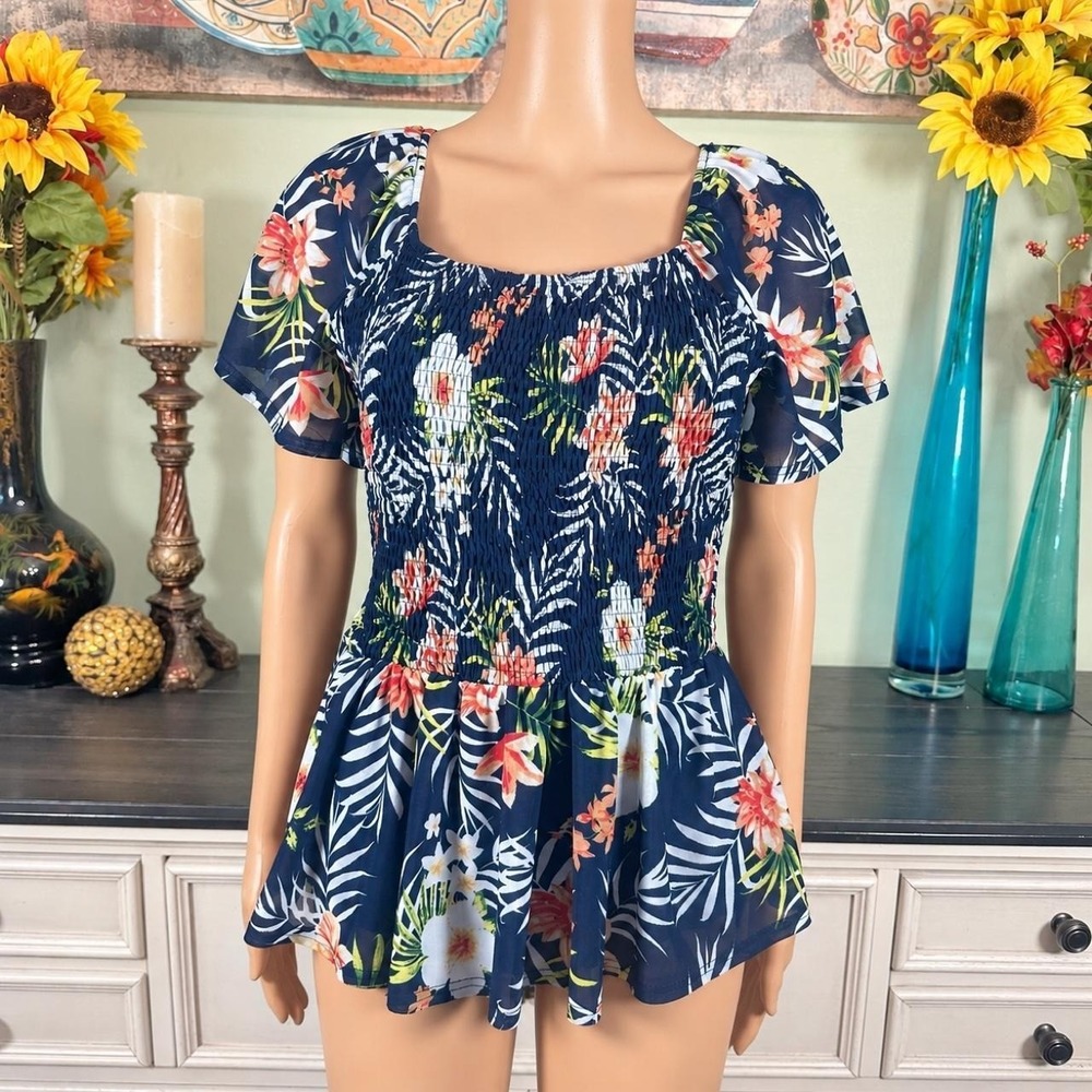 Ember Navy Tropical Floral Smocked Blouse Peplum Coastal Resort Vacation Boho